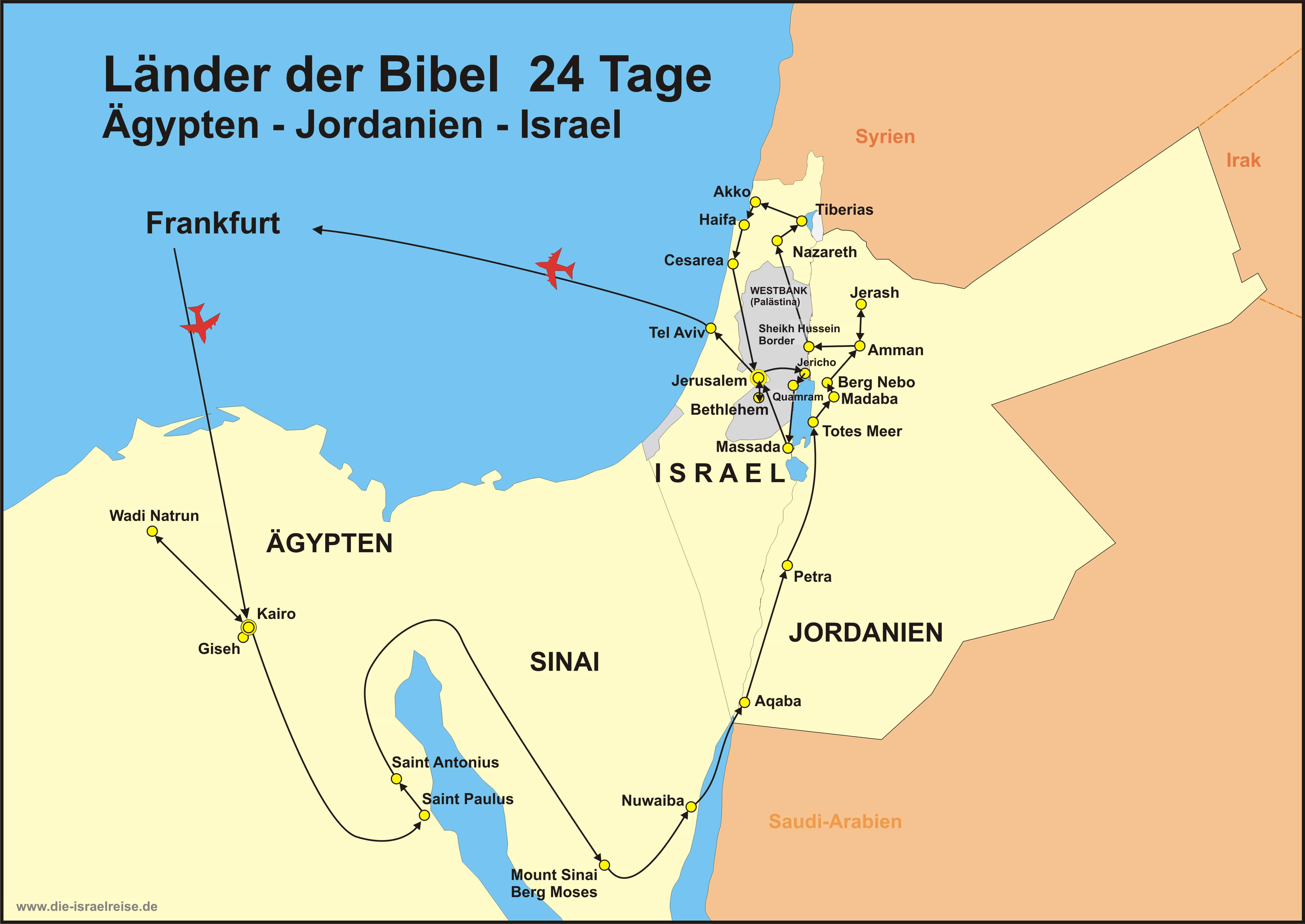Reiseroute der Ägypten & Jordanien & Israel (Länder der Bibel)