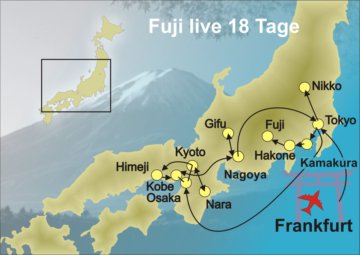 Reiseroute der 18 tägigen Fuji Studienreise. Erkundigungen Sie Japan mit BCT.