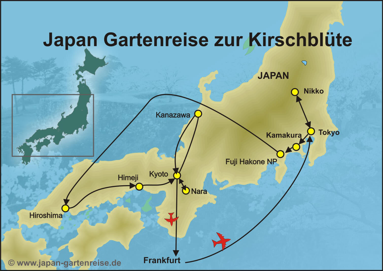 Reiseroute der Gartenreise zur Kirschblüte und Azalenblüte in Japan