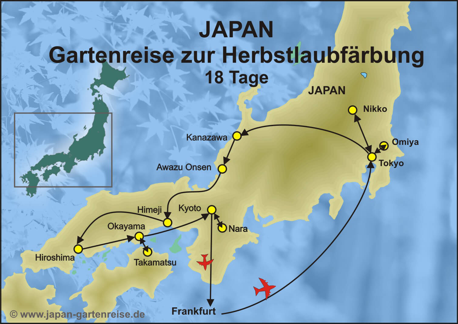 Karte der Gartenreise zur Herbstlaubfärbung der BCT-Touristik