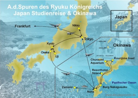 Reiseroute der Japan & Okinawareise  Auf den Spuren der Ryukyu und zu den Traumstränden Okinawas.