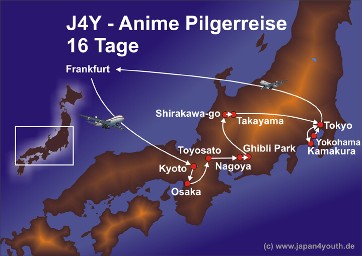 Reiseroute der Anime Pilgerreise für Jugendliche und jugene Erwachsene nach Japan.