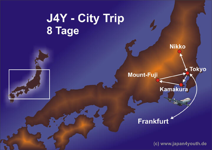 Reiseroute der Anime Pilgerreise für Jugendliche und jugene Erwachsene nach Japan.