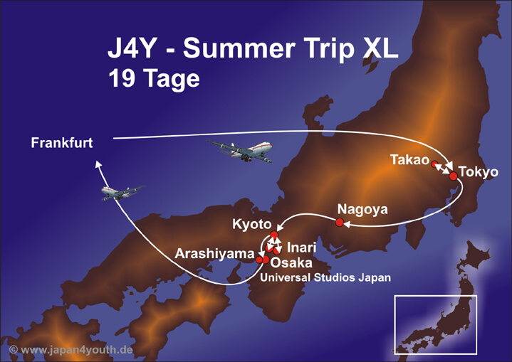 Reiseroute des Summer Trip Japan4Youth zur World Cosplay Summit.