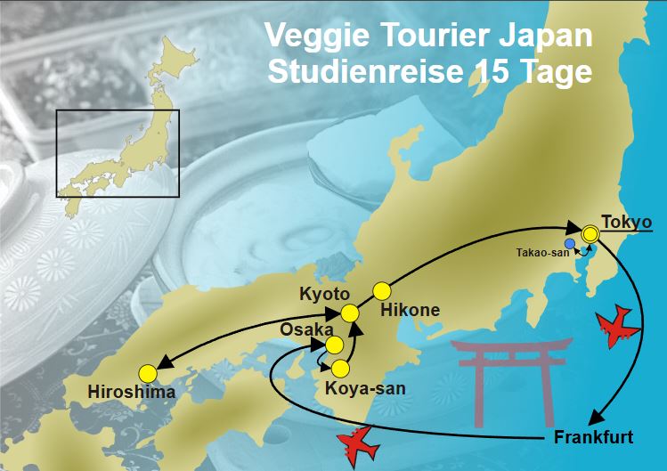 Reiseroute der 15tägigen Vegetarischen Studienreise der BCT-Touristik. 