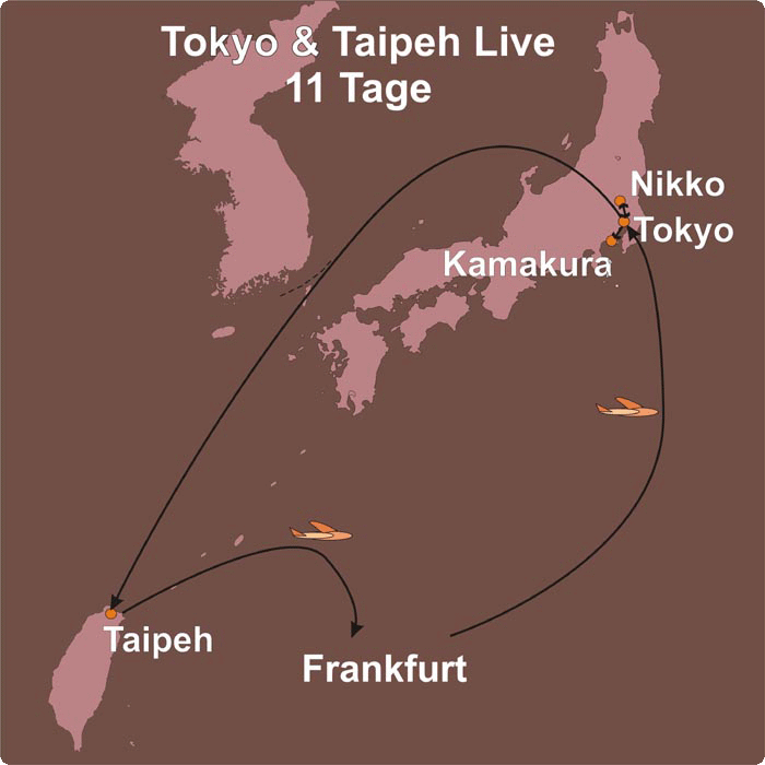 Reise Route der Tokyo und Taipeh Städtereise der BCT-Touristik