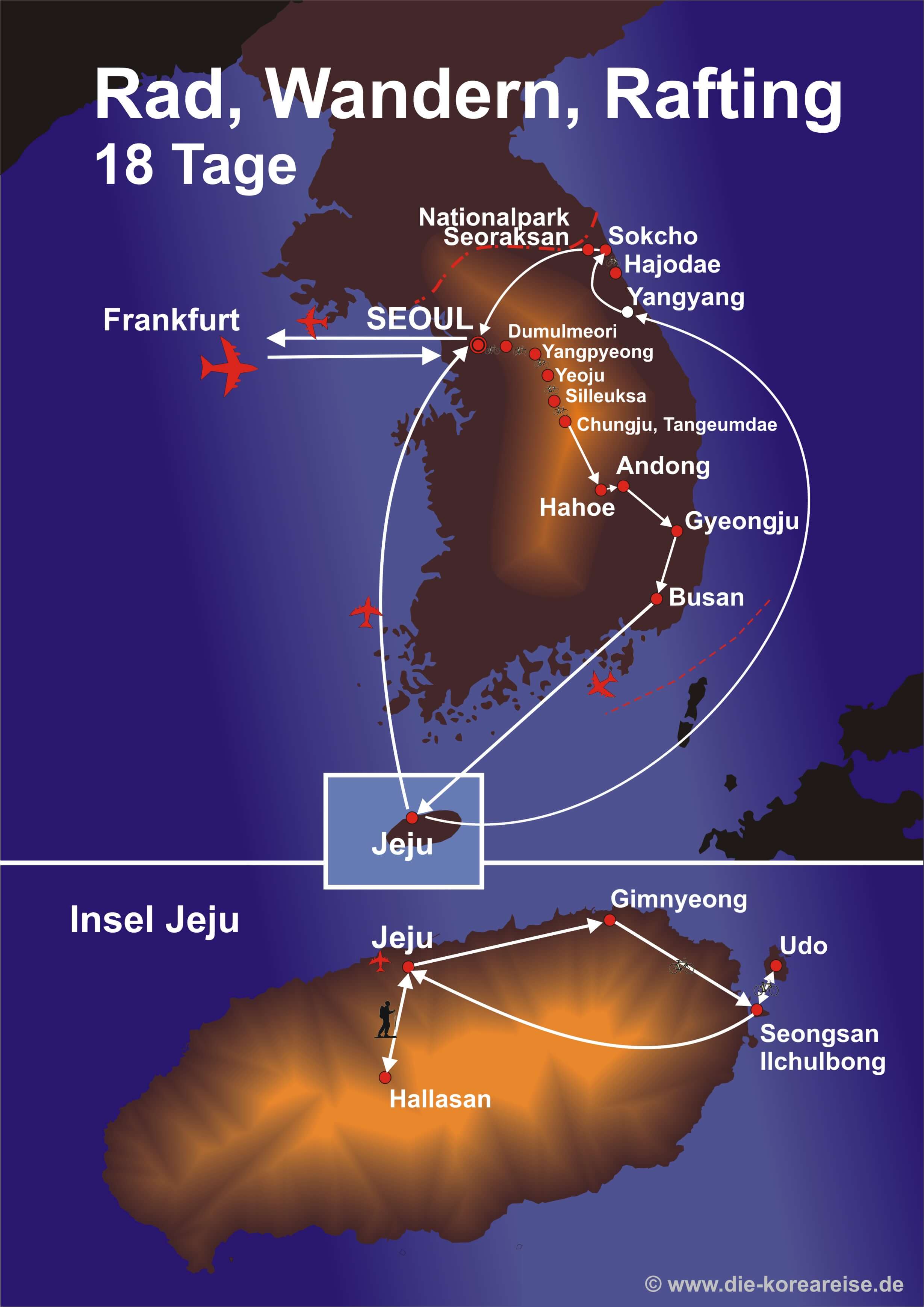 Reiseroute der BCT  Korea Aktivreise mit Rad, Wandern und Rafing. 