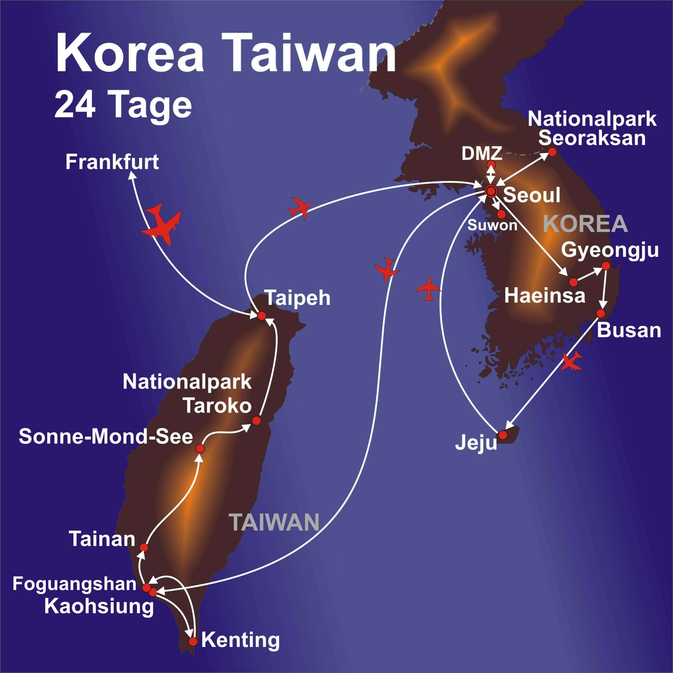 Reiseroute der Korea Taiwan Reise der BCT-Touristik