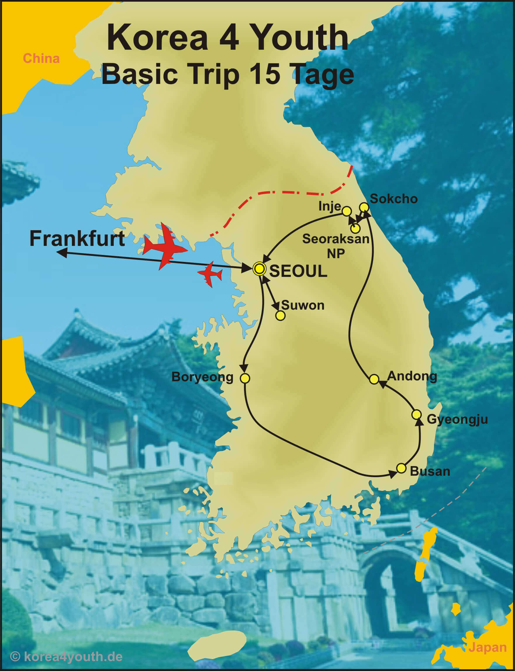 Reiseroute der Korea 4 Youth Basic Trip nach Korea. 