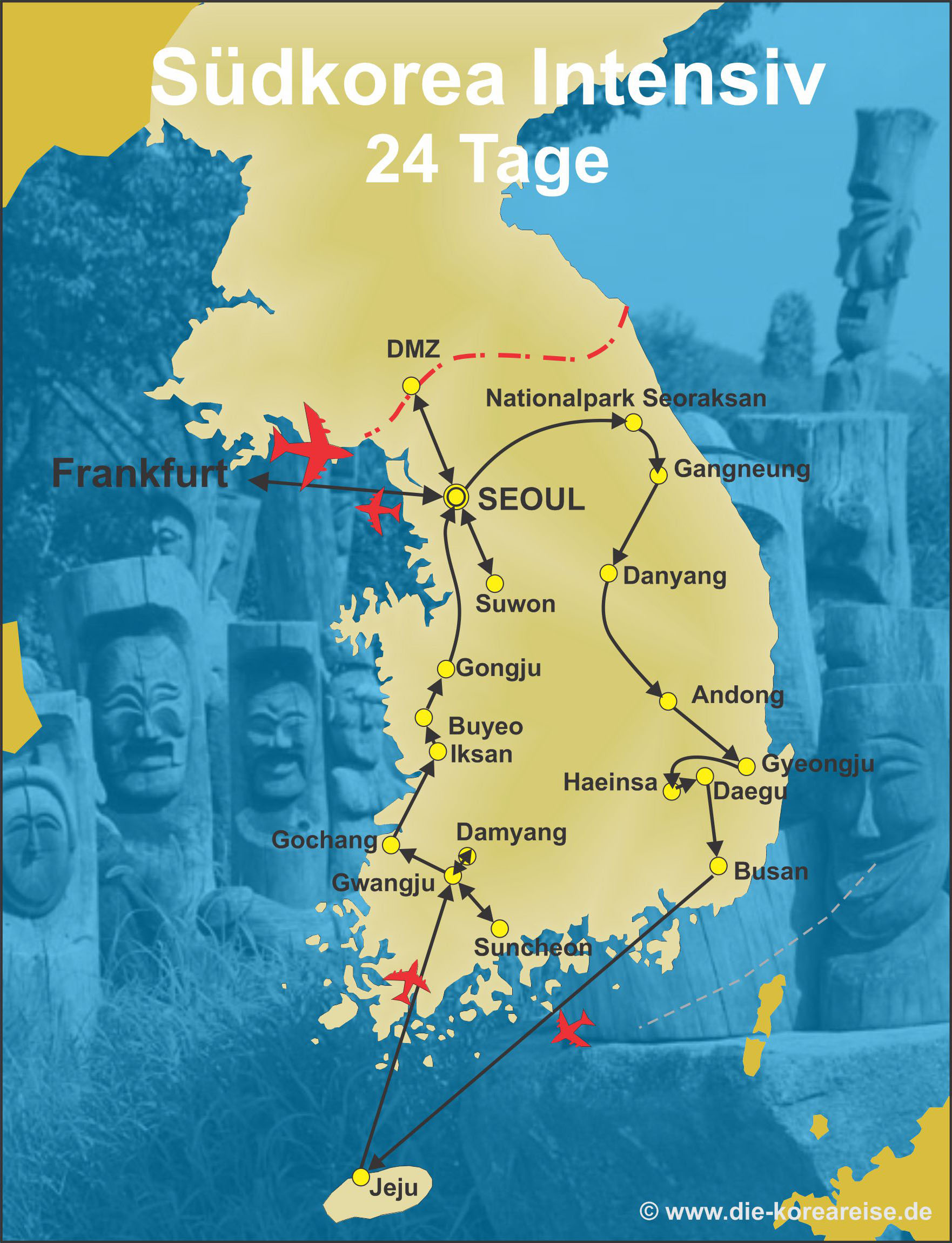 Die Reiseroute der Korea Intensiv Reise in 24 Tage durch Südkorea. 