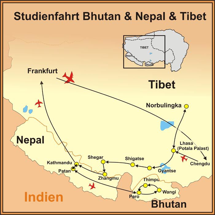 Reiseroute der Reise Tibet Nepal Bhutan