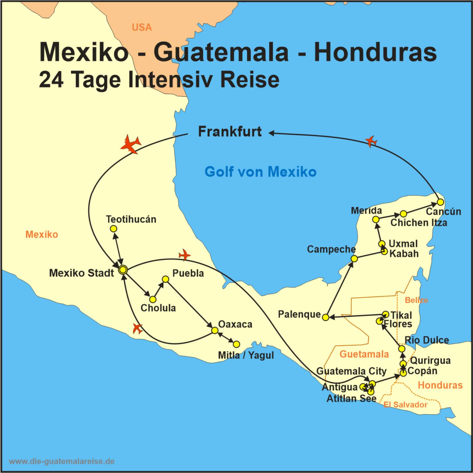 Reiseroute der Reise Mexiko,Guatemala,Honduras 24Tage Intensiv