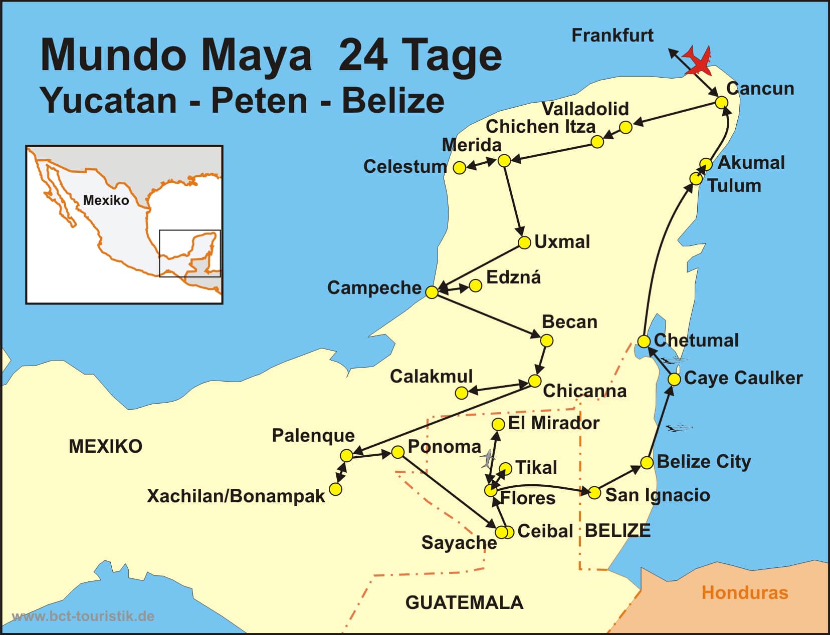 Reiseroute der Reise Yucatan - Peten - Belize