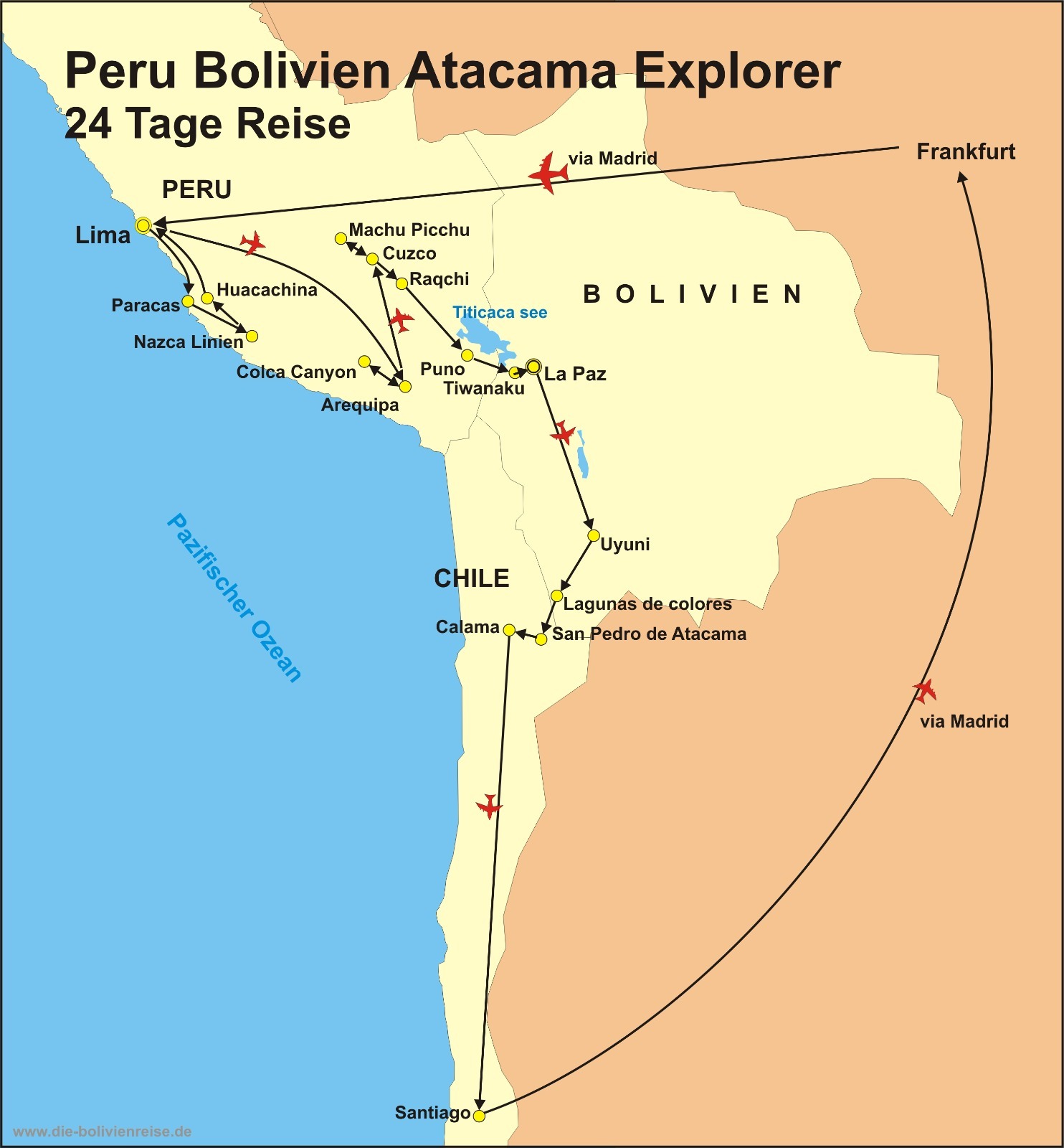 Reiseroute der Reise Peru – Bolivien – Atacama Chile